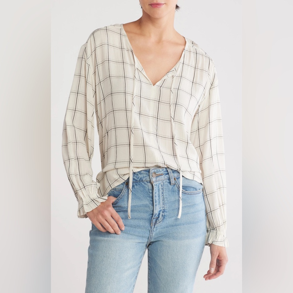 Melrose and Market Plaid Tie Neck Top New